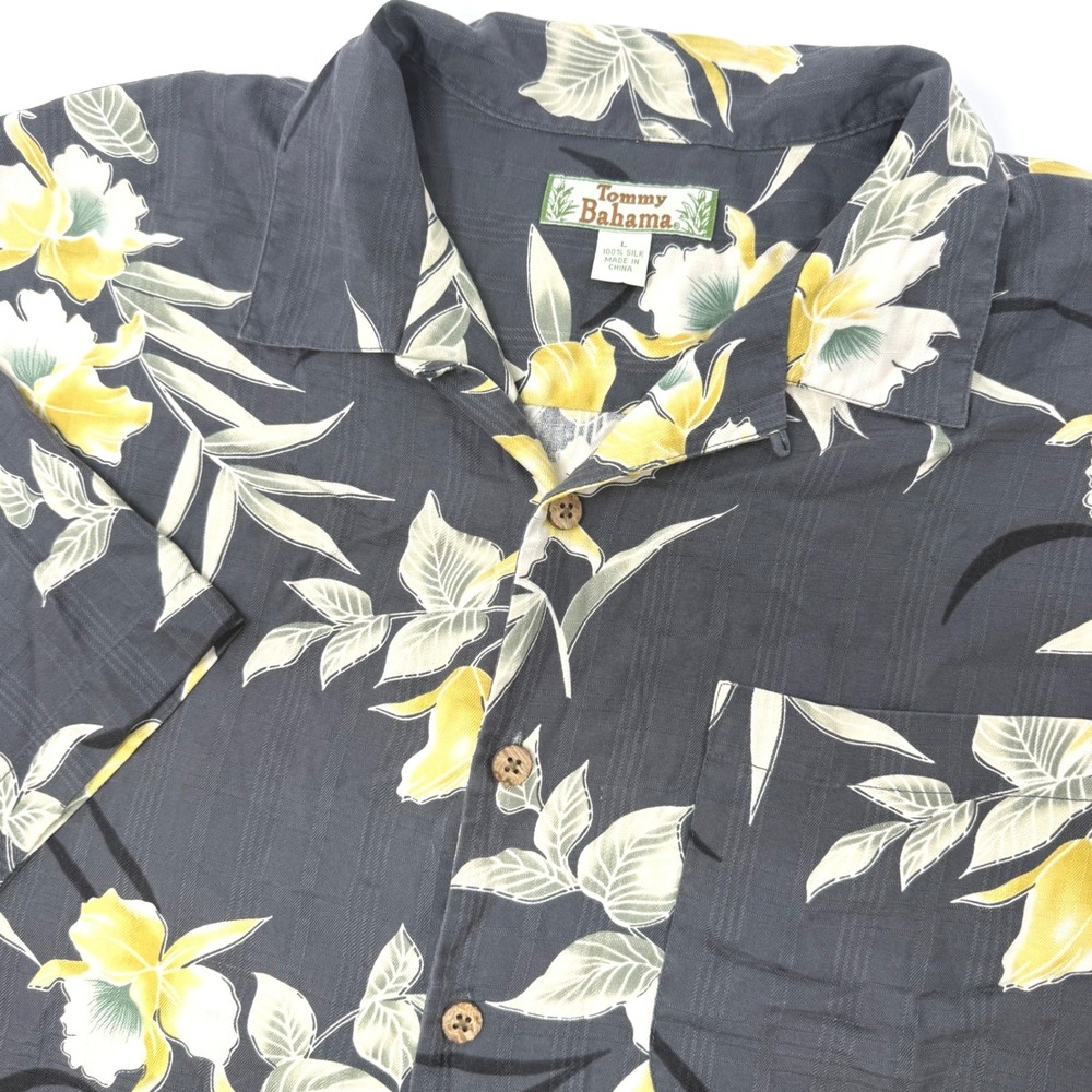 Tommy Bahama Mens Large Silk Floral Camp Shirt Charcoal Gray Yellow Jacquard